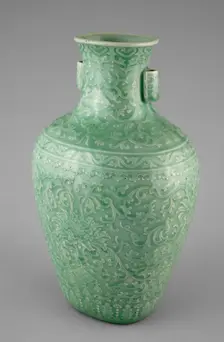 Jar with Tubular Handles, Peonies, Endless Knot, Pendant Balls, and Pendant Lozenges, (1736-1795). Creator: Unknown