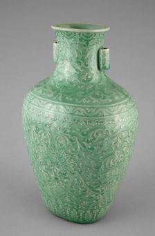 Jar with Tubular Handles, Peonies, Endless Knot, Pendant Balls, and Pendant Lozenges, (1736-1795). Creator: Unknown
