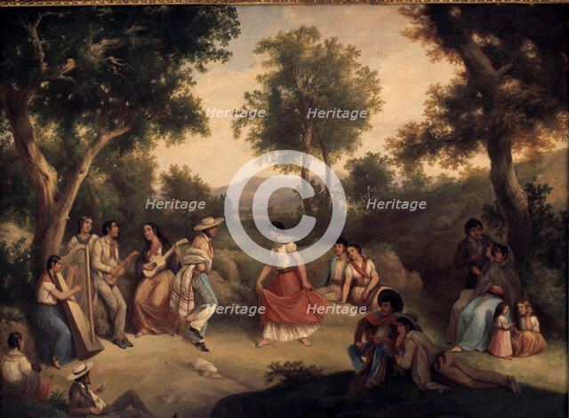  'Jarabe Tapatio', traditional dance of courtship, oil by Manuel J. Serrano.