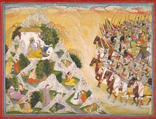 Jarasandha's army advances toward Krishna and Balarama, folio from a Mahabharata, ca. 1800-1815. Creator: Purkhu
