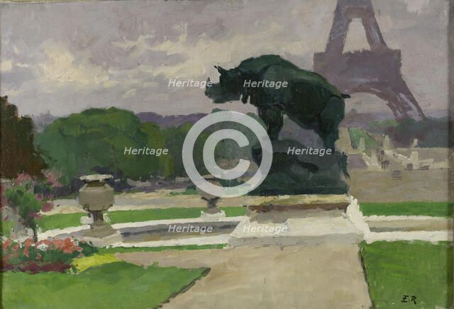 Jardin du Trocadéro avec le Rhinocéros de Jacquemart, 1922. Creator: Jules Ernest Renoux.