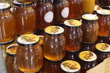 Jars of honey on a market stall, Mallorca, Spain
