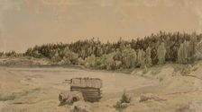 Järvenlahti landscape, an old barn in the foreground and a wooded shore in the background, 1857. Creator: Werner Holmberg