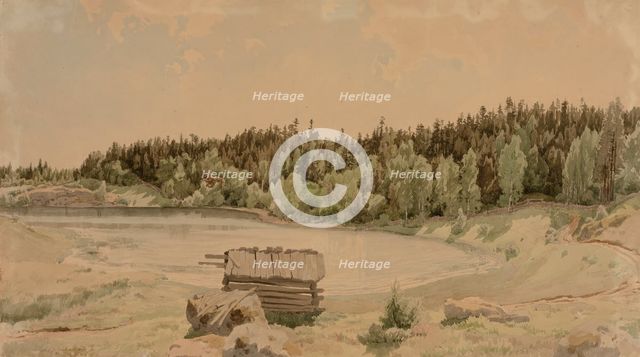 Järvenlahti landscape, an old barn in the foreground and a wooded shore in the background, 1857. Creator: Werner Holmberg.