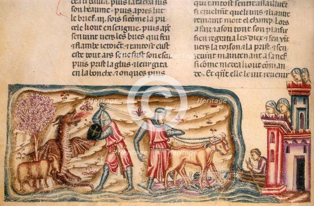Jason in the Argo, yoking the oxen and slaying the dragon, 1340. Creator: Perrin Remy.