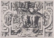 Jason Sows the Dragon's Teeth (Jason les dompte et sous le joug enserre et labourer leur f..., 1563. Creator: Rene Boyvin
