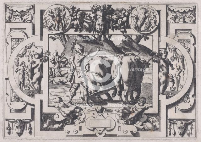 Jason Sows the Dragon's Teeth (Jason les dompte et sous le joug enserre et labourer leur f..., 1563. Creator: Rene Boyvin.