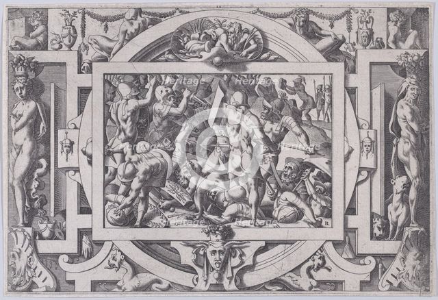 Jason Throws a Rock at the Giants (Cette moisson va son semeur chercher a fer tranchant......, 1563. Creator: Rene Boyvin.