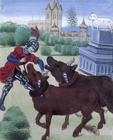Jason yokes the oxen in his attempt to acquire the Golden Fleece, late 15th century. Creator: Unknown