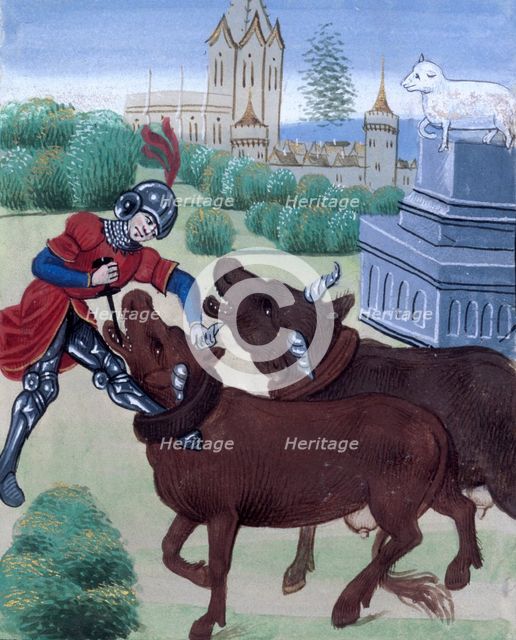 Jason yokes the oxen in his attempt to acquire the Golden Fleece, late 15th century.  Creator: Unknown.