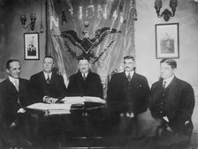 J.E. Bruce, Ban Johnson, A. Herrmann, T.J. Lynch, J.A. Heydler at table together, 1910. Creator: Bain News Service