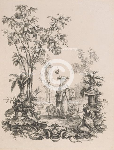 Jeune Chinoise marchant, entourée de ses moutons, ca.1740-50. Creator: Francois-Antoine Aveline.