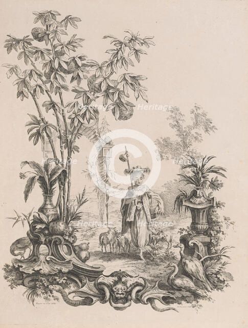 Jeune Chinoise marchant, entourée de ses moutons, ca.1740-50. Creator: Francois-Antoine Aveline.