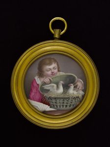 Jeune garçon tenant un panier enfermant deux pigeons, between 1770 and 1790. Creator: Ecole Francaise