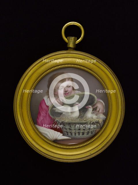 Jeune garçon tenant un panier enfermant deux pigeons, between 1770 and 1790. Creator: Ecole Francaise.