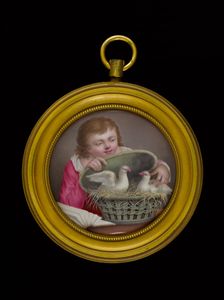 Jeune garçon tenant un panier enfermant deux pigeons, between 1770 and 1790. Creator: Ecole Francaise