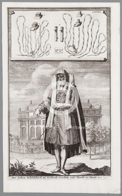 Jewish man, dressed for prayer. On the background the Portuguese Synagogue of Amsterdam. Artist: Luyken, Jan (Johannes) (1649-1712)