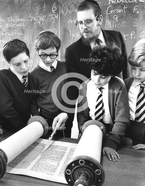 Jewish boys reading the Torah, Britain, 1985.  Creator: Unknown.