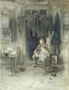 Jewish rag merchant and his daughter outside their house, c. 1888. Creator: Jozef Israels