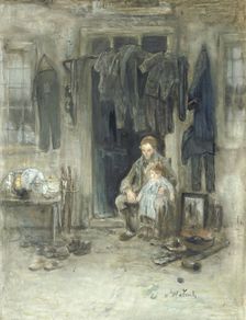 Jewish rag merchant and his daughter outside their house, c. 1888. Creator: Jozef Israels
