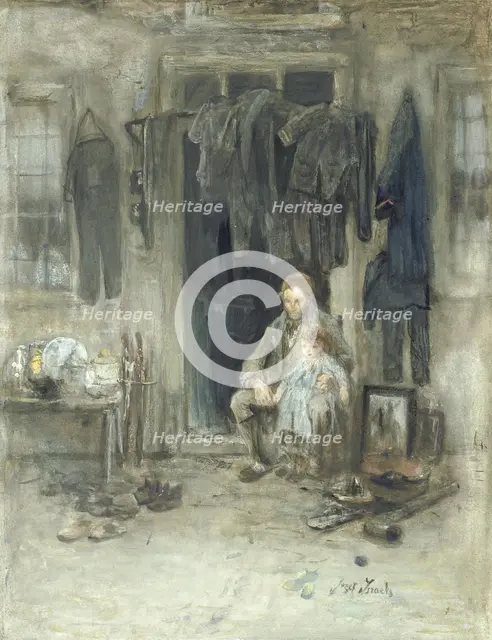 Jewish rag merchant and his daughter outside their house, c. 1888. Creator: Jozef Israels.