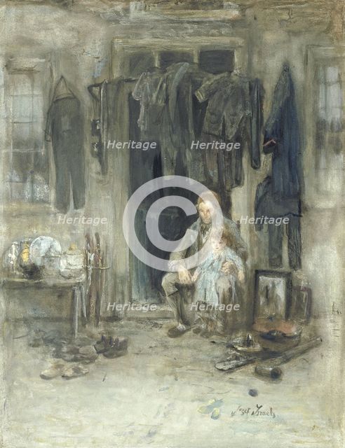 Jewish rag merchant and his daughter outside their house, c. 1888. Creator: Jozef Israels.