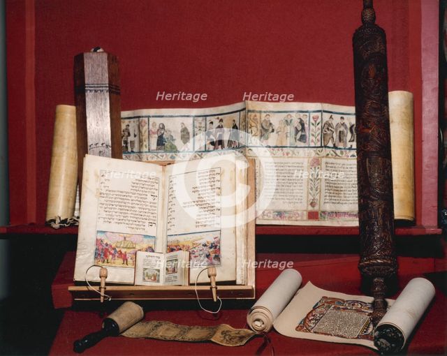 Jewish religious texts for auction at Sotheby's, March 1990. Creator: Sidney Harris.