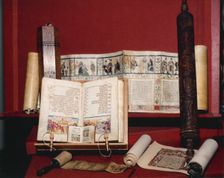 Jewish religious texts for auction at Sotheby's, March 1990. Creator: Sidney Harris