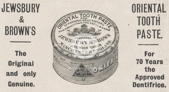 Jewsbury & Browns Oriental tooth paste, 1898. Artist: Unknown