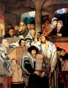 Jews praying in the Synagogue on Yom Kippur 1878. Artist: Maurycy Gottlieb