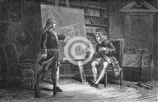 Jean and Jacques Bernoulli working on geometrical problems, 18th century, (1874). Artist: Unknown