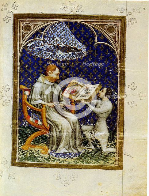 Jean de Vaudetar presents his gift of a book to Charles V of France. (From the Bible historiale of Jean de Vaudetar), 1372. Artist: Bondol, Jan (active 1368-1381)
