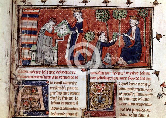 Jean de Meung, writing and delivering to Philip IV, king of France, his translation of the work '…