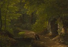 Jean-Jacques Rousseau picking flowers at the bubbling spring near the grotto in the northern park... Creator: Alexandre Haycinthe Dunouy