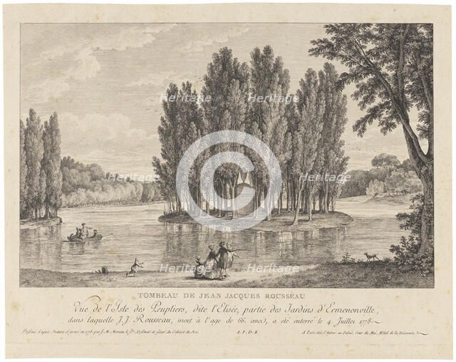 Jean Jacques Rousseau's grave care. View of L'île des Peupliers, called L'Elisée, the park..., 1778. Creator: Jean-Michel Moreau.