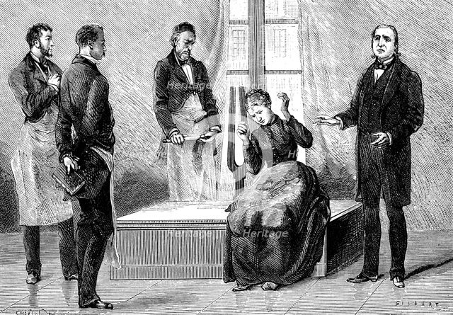 Jean Martin Charcot demonstrating hypnosis, 1879. Creator: Anon.