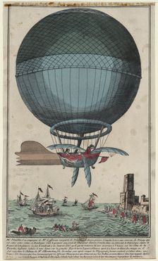 Jean Pierre Blanchard and John Jefferies arriving in Calais after crossing the English Channel in a hot air balloon, 1785. Artist: Anonymous