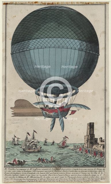 Jean Pierre Blanchard and John Jefferies arriving in Calais after crossing the English Channel in a hot air balloon, 1785. Artist: Anonymous  