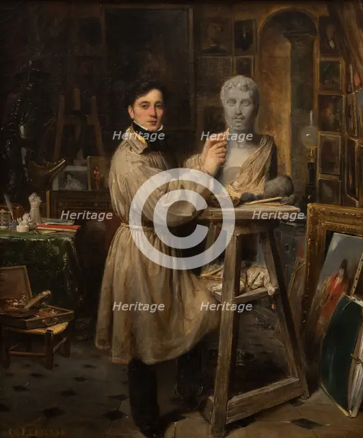 Jean-Pierre Dantan (1800-1869), in his studio, modelling the bust of Lepaulle, c1835. Creator: Francois-Gabriel-Guillaume Lepaulle.