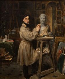 Jean-Pierre Dantan (1800-1869), in his studio, modelling the bust of Lepaulle, c1835. Creator: Francois-Gabriel-Guillaume Lepaulle