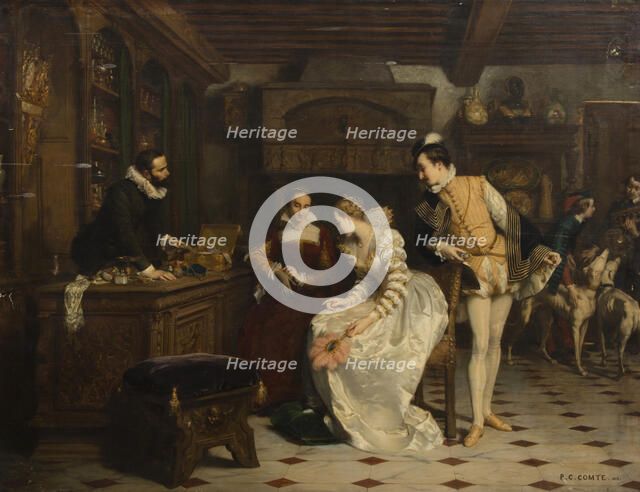 Jeanne d'Albret Buying Poisoned Gloves from Catherine de Medici's Parfumeur..., 1852-1858. Creator: Comte, Pierre Charles (1823-1895).