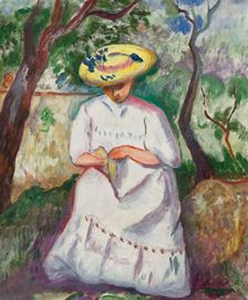 Jeanne sewing under a cork oak, Villa Demière, 1907. Creator: Manguin, Henri Charles (1874-1949)