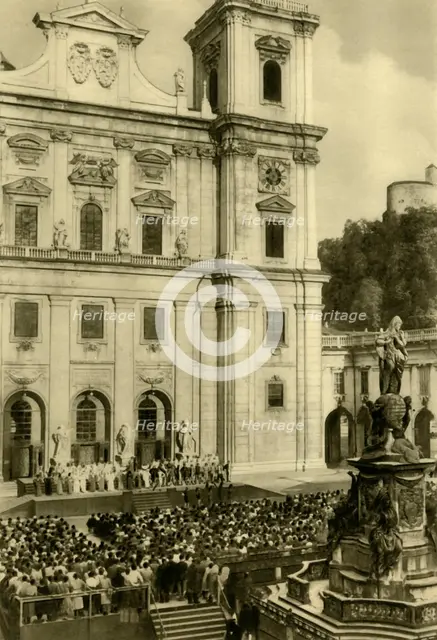 "Jedermann" performed in front of Salzburg Cathedral, Salzburg, Austria, c1935.  Creator: Unknown.