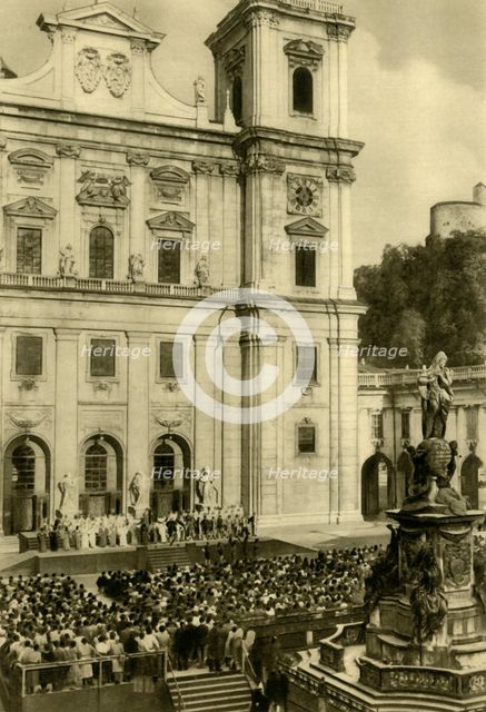 "Jedermann" performed in front of Salzburg Cathedral, Salzburg, Austria, c1935.  Creator: Unknown.