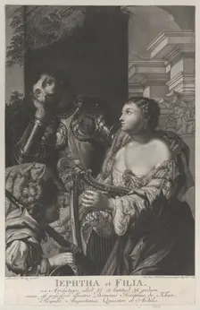Jephtha dressed in armor looking up in despair, and his daughter holds a harp at right, 1775. Creator: Johann Elias Haid