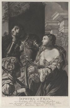 Jephtha dressed in armor looking up in despair, and his daughter holds a harp at right, 1775. Creator: Johann Elias Haid