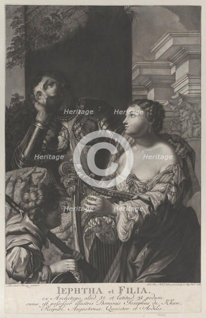 Jephtha dressed in armor looking up in despair, and his daughter holds a harp at right, 1775. Creator: Johann Elias Haid.