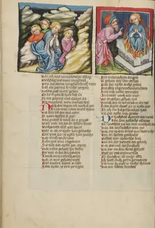 Jephtha's Daughter and Her Maidens in the Mountains: Jephtha Sacrificing His..., about 1400-1410. Creator: Unknown