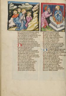 Jephtha's Daughter and Her Maidens in the Mountains: Jephtha Sacrificing His..., about 1400-1410. Creator: Unknown