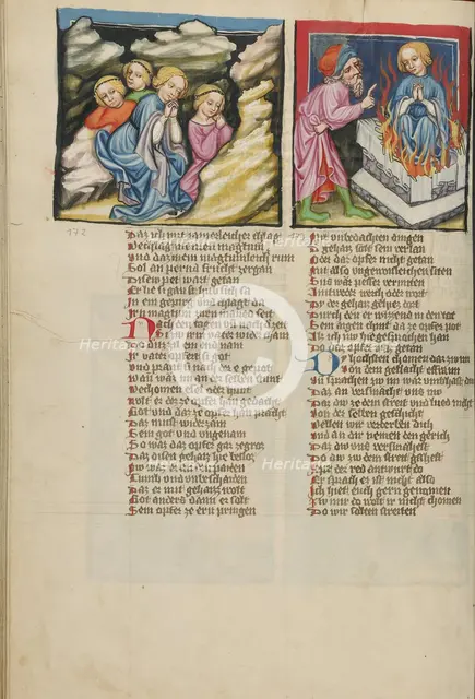 Jephtha's Daughter and Her Maidens in the Mountains: Jephtha Sacrificing His..., about 1400-1410. Creator: Unknown.